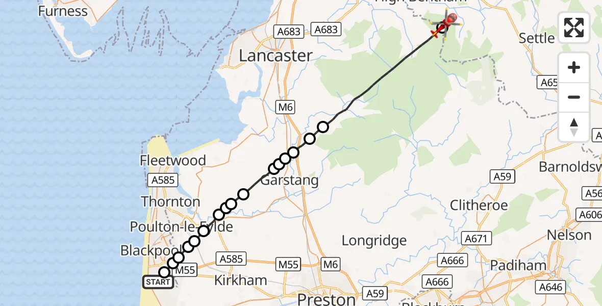 Flight route Air Ambulance Helicopter Blackpool Airport - Bentham, 03 October 2026, 11:02