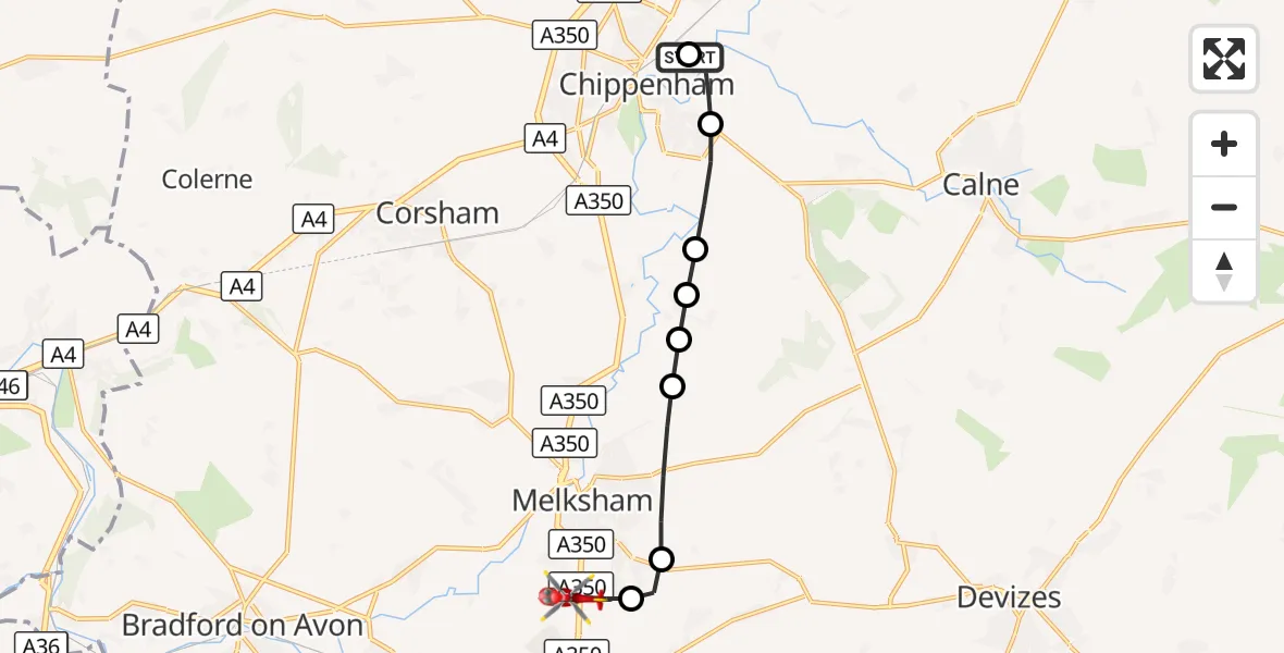 Flight route Air Ambulance Helicopter Chippenham - Melksham, 03 October 2026, 11:02