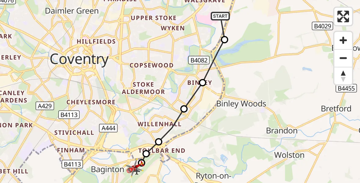 Flight route Air Ambulance Helicopter University Hospital Coventry - Coventry Airport, 03 October 2026, 11:09