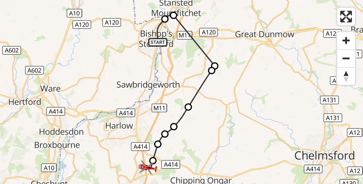 Flight route Air Ambulance Helicopter Bishop's Stortford - North Weald Airfield, 03 October 2026, 11:13