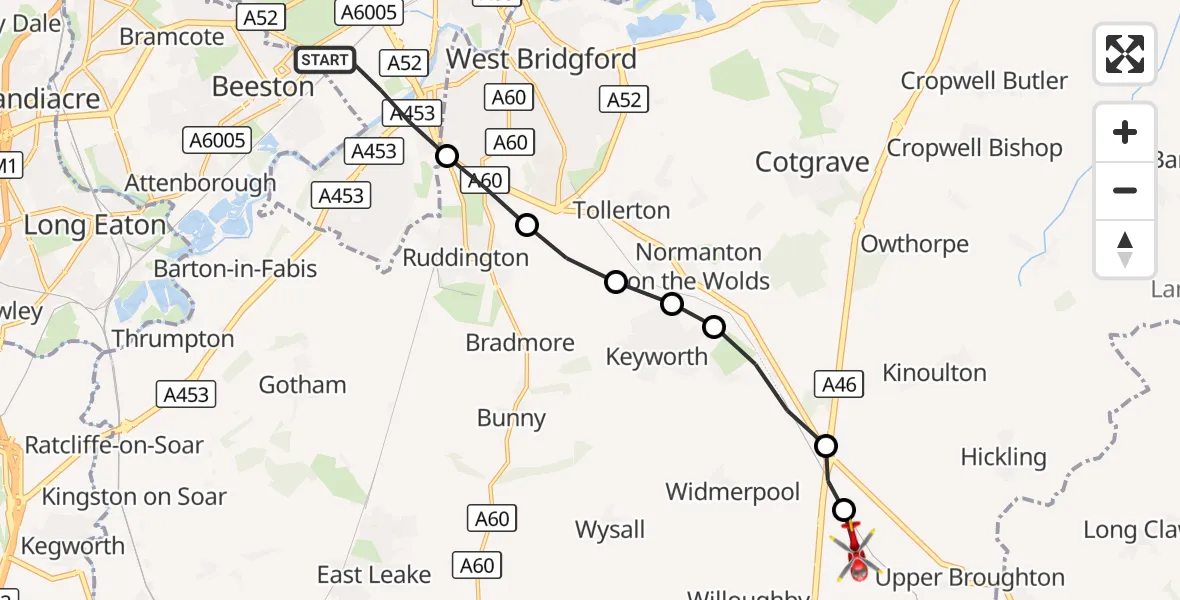 Flight route Air Ambulance Helicopter City of Nottingham - Hickling, 03 October 2026, 11:25