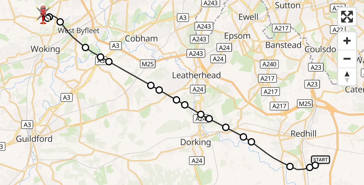 Flight route Air Ambulance Helicopter Redhill Aerodrome - Fairoaks Airport, 03 October 2026, 11:28
