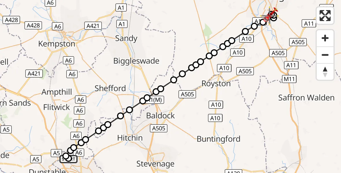 Flight route Air Ambulance Helicopter Marsh Farm - Papworth Hospital, 03 October 2026, 11:32