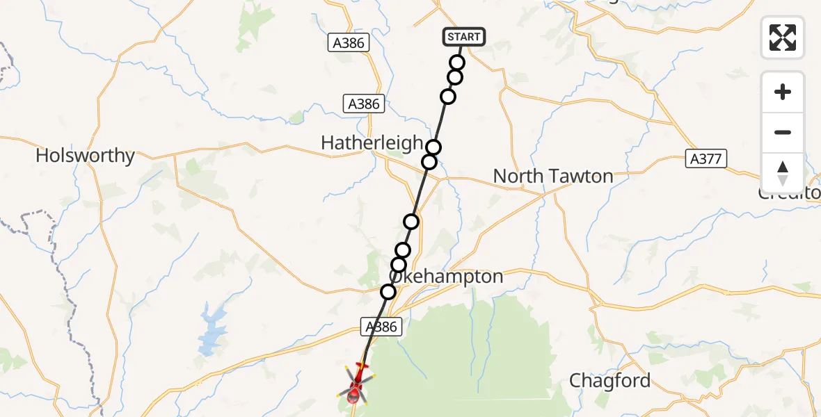 Flight route Air Ambulance Helicopter Winkleigh - Bridestowe, 03 October 2026, 11:34