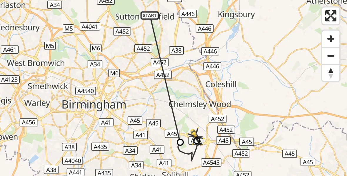 Flight route Police Helicopter Sutton Coldfield - Birmingham Airport, 03 October 2026, 11:40