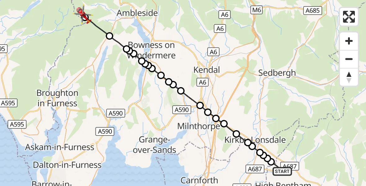 Flight route Air Ambulance Helicopter Burton in Lonsdale - Ulpha, 03 October 2026, 12:06