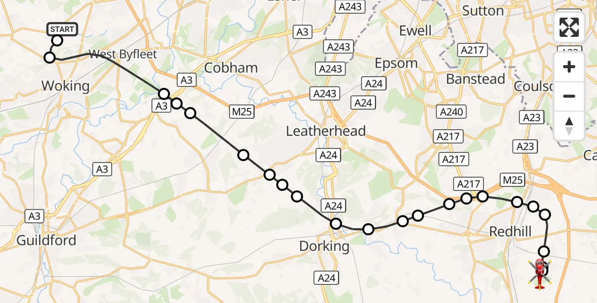 Flight route Air Ambulance Helicopter Fairoaks Airport - Redhill Aerodrome, 03 October 2026, 12:09