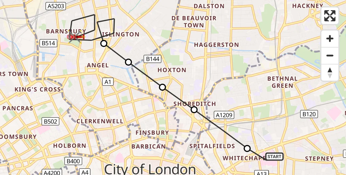 Flight route Air Ambulance Helicopter Royal London Hospital - Barnsbury, 03 October 2026, 12:13