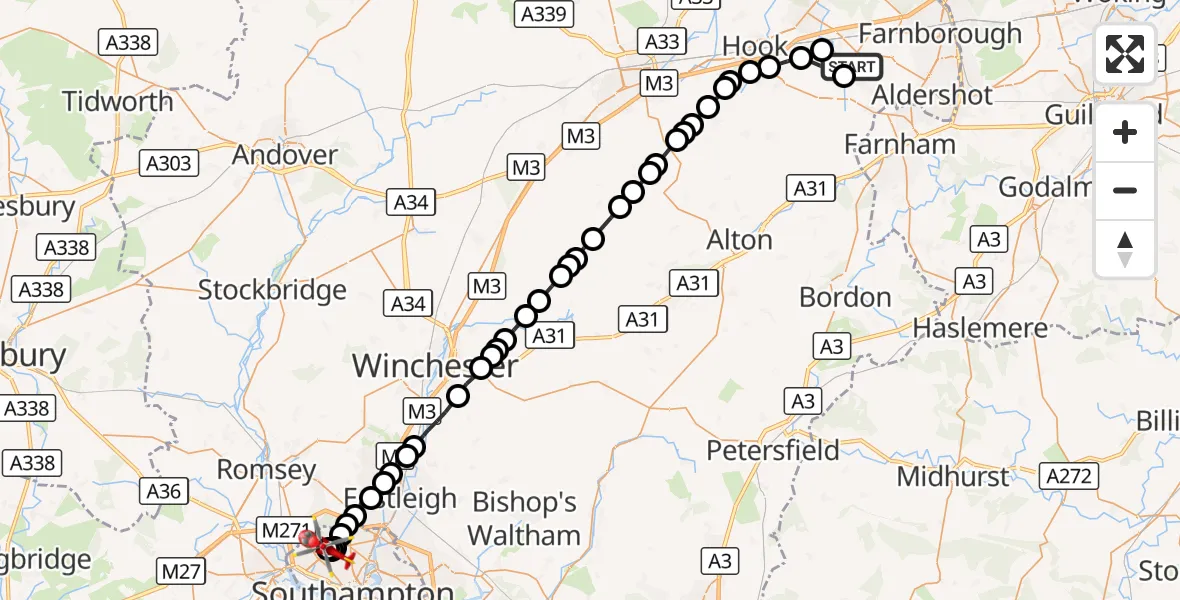 Flight route Air Ambulance Helicopter Fleet - University Hospital Southampton, 03 October 2026, 12:21