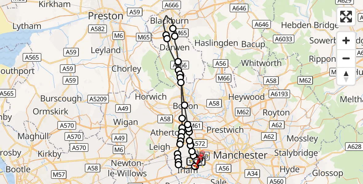Flight route Air Ambulance Helicopter Manchester Barton Aerodrome - Worsley, 03 October 2026, 12:57