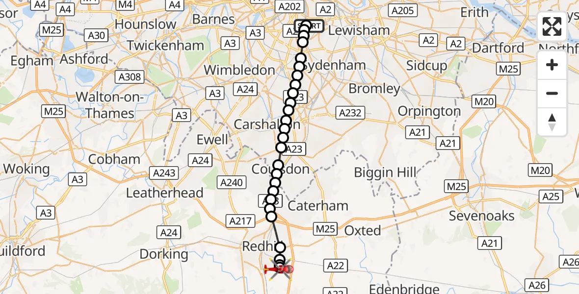 Flight route Air Ambulance Helicopter Kings College London Hospital - Redhill Aerodrome, 03 October 2026, 12:57