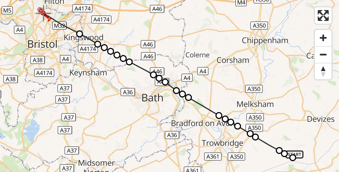 Flight route Air Ambulance Helicopter Marston - Bristol, 03 October 2026, 13:11