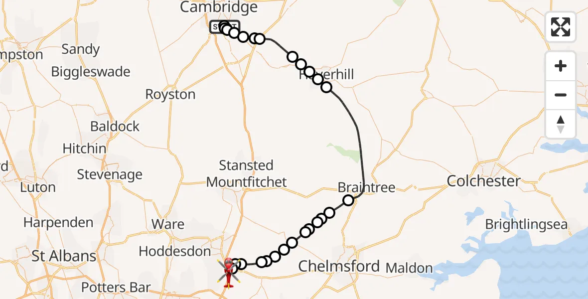 Flight route Air Ambulance Helicopter Papworth Hospital - North Weald Airfield, 03 October 2026, 13:14