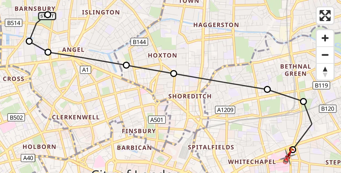 Flight route Air Ambulance Helicopter Barnsbury - Royal London Hospital, 03 October 2026, 13:16