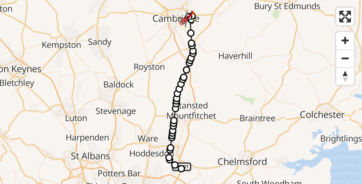 Flight route Air Ambulance Helicopter North Weald Airfield - Cambridge City Airport, 03 October 2026, 13:19