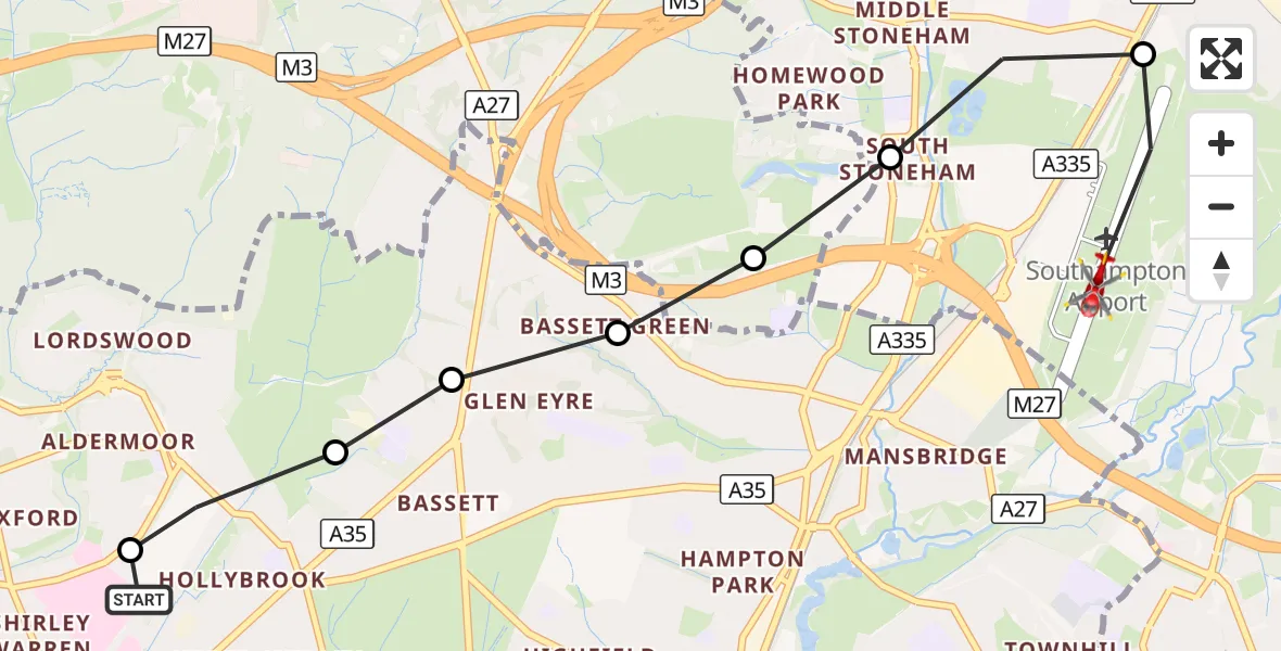 Flight route Air Ambulance Helicopter University Hospital Southampton - Southampton Airport, 03 October 2026, 13:22