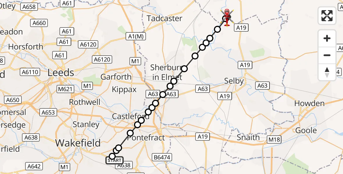 Flight route Air Ambulance Helicopter YAA Nostell Helicopter Port - Naburn, 03 October 2026, 13:30