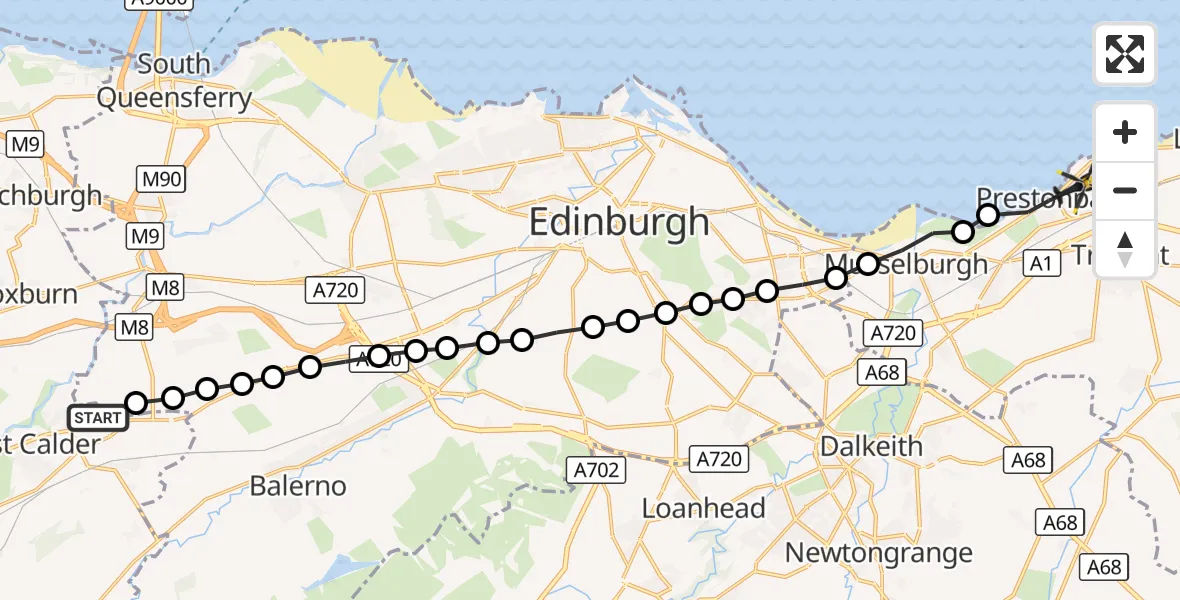 Flight route Police Helicopter East Calder - Prestonpans, 03 October 2026, 13:36