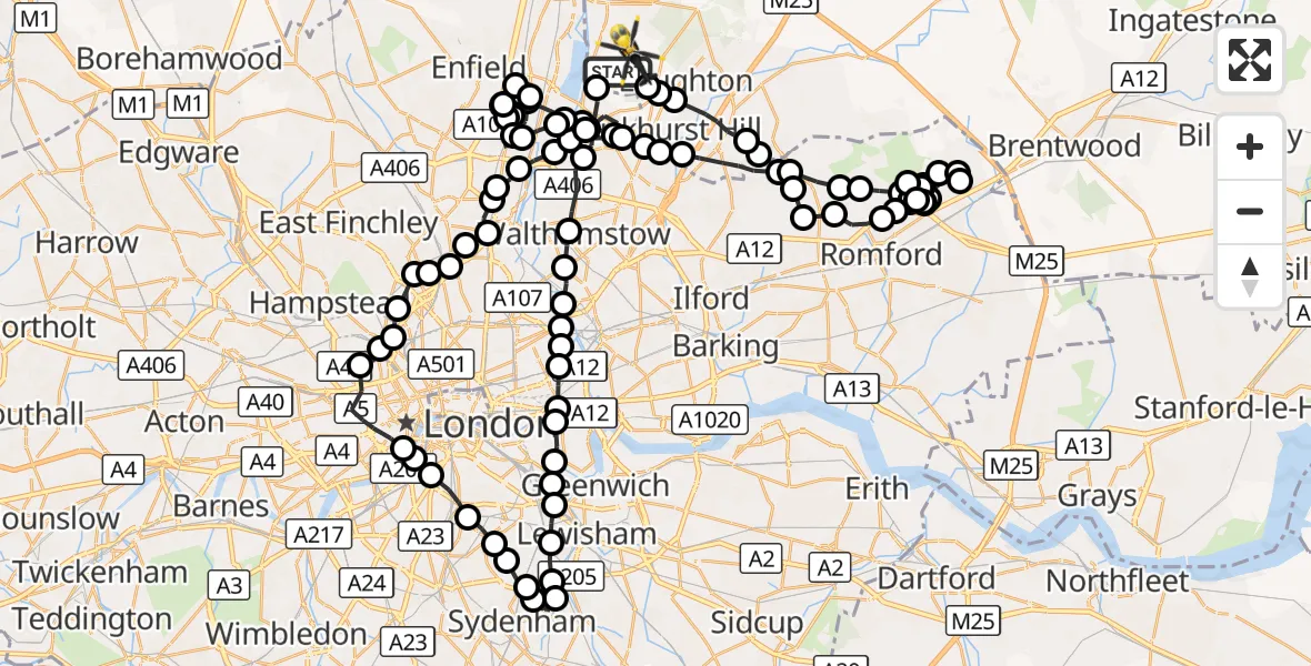 Flight route Police Helicopter Sewardstonebury - Sewardstonebury, 03 October 2026, 13:39