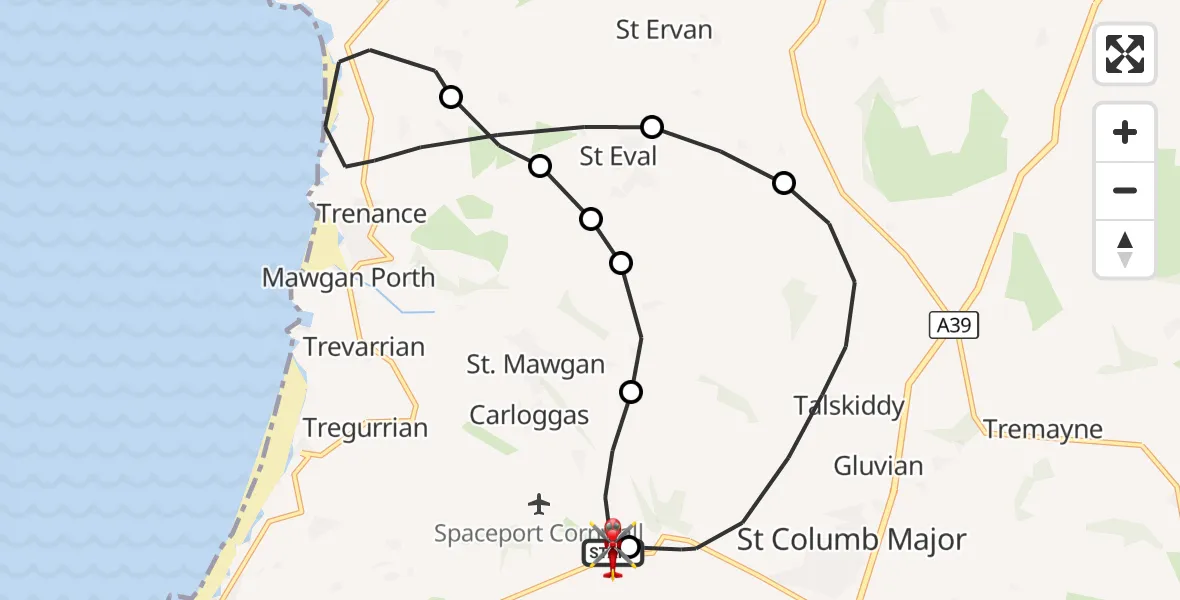 Flight route Air Ambulance Helicopter Cornwall Airport Newquay - Cornwall Airport Newquay, 03 October 2026, 13:43