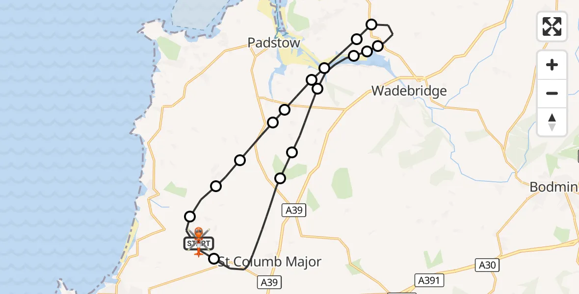 Flight route Coastguard Helicopter Cornwall Airport Newquay - Cornwall Airport Newquay, 03 October 2026, 13:45