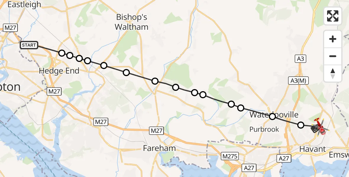 Flight route Air Ambulance Helicopter Eastleigh - Havant, 03 October 2026, 13:45