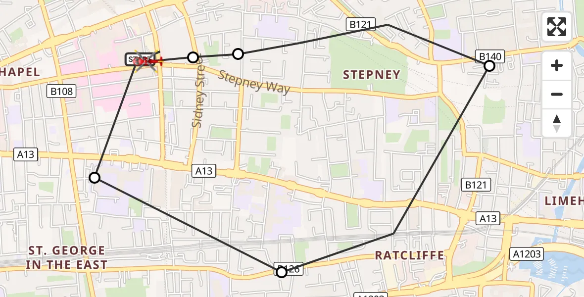 Flight route Air Ambulance Helicopter Royal London Hospital - Royal London Hospital, 03 October 2026, 13:52