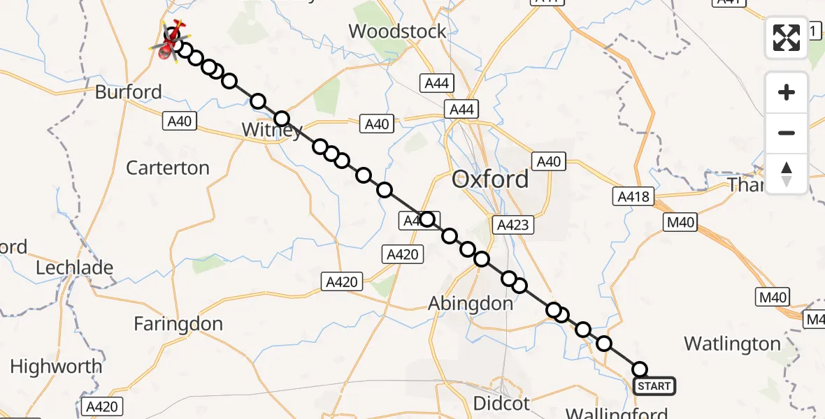Flight route Air Ambulance Helicopter RAF Benson - Shipton-under-Wychwood, 03 October 2026, 14:05