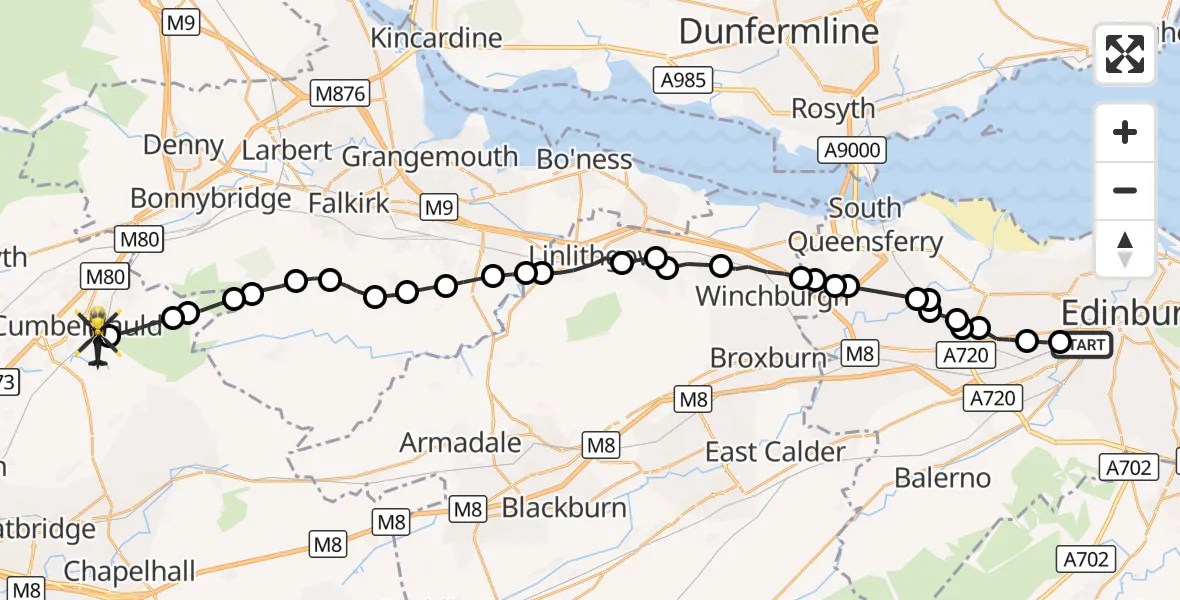 Flight route Police Helicopter Dalry - Cumbernauld, 03 October 2026, 14:07