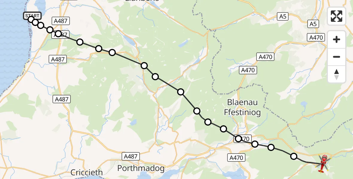 Flight route Air Ambulance Helicopter Caernarfon Airport - Llanycil, 03 October 2026, 14:13