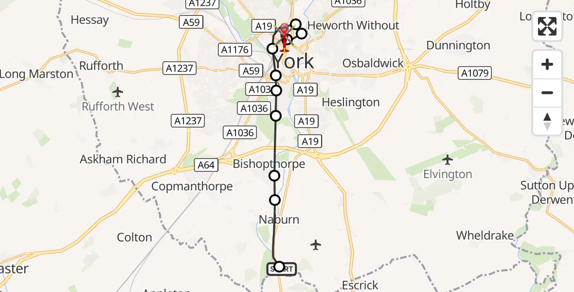Flight route Air Ambulance Helicopter Naburn - Clifton, 03 October 2026, 14:15