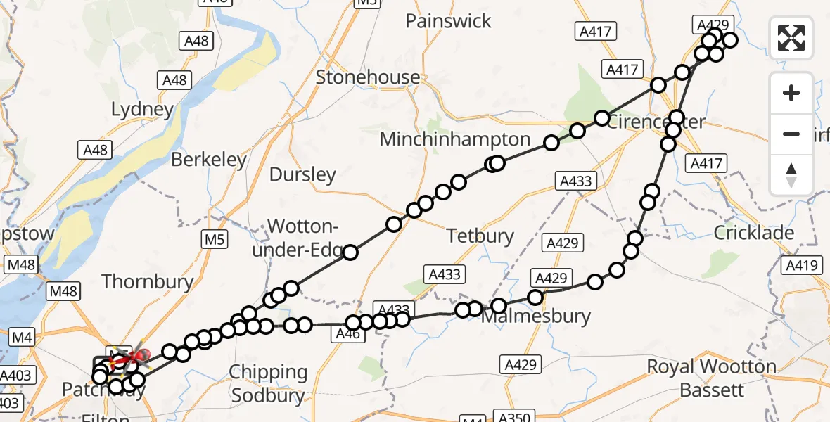 Flight route Air Ambulance Helicopter Almondsbury Helicopter Base - Bristol, 03 October 2026, 14:18