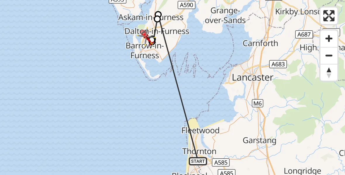 Flight route Air Ambulance Helicopter Bispham - Dalton-in-Furness, 03 October 2026, 14:21