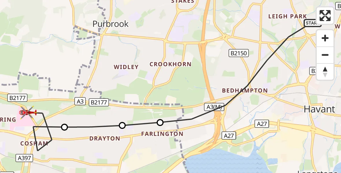 Flight route Air Ambulance Helicopter Havant - Queen Alexandra Hospital, 03 October 2026, 14:25