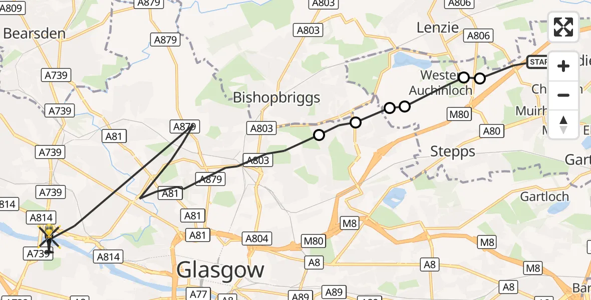 Flight route Police Helicopter Moodiesburn - Glasgow, 03 October 2026, 14:25