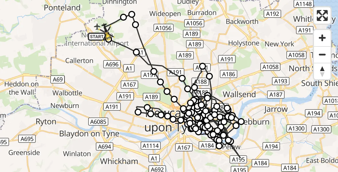 Flight route Police Helicopter Newcastle International Airport - Woolsington, 03 October 2026, 14:29