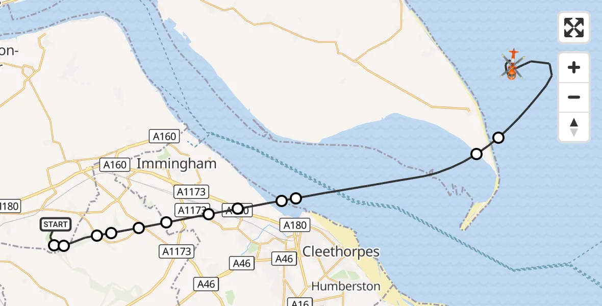Flight route Coastguard Helicopter Humberside Airport - North Sea, 03 October 2026, 14:35