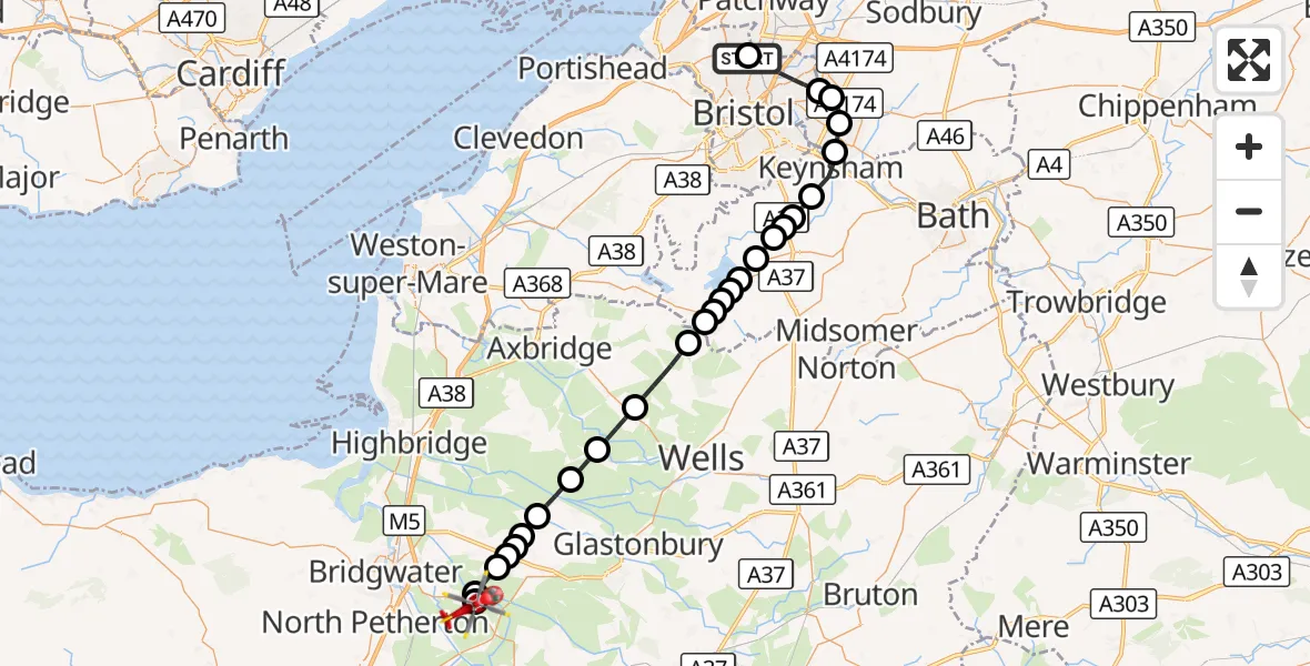 Flight route Air Ambulance Helicopter Southmead Hospital - Middlezoy Aerodrome, 03 October 2026, 14:38