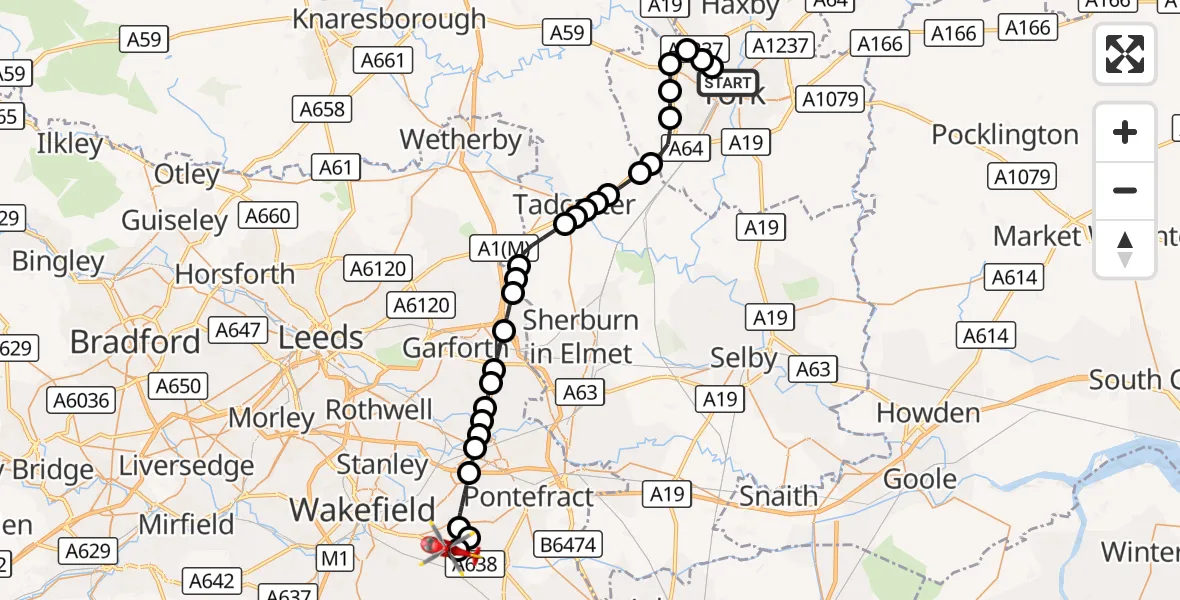 Flight route Air Ambulance Helicopter Clifton - YAA Nostell Helicopter Port, 03 October 2026, 14:41