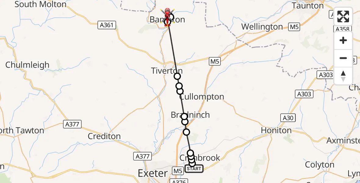Flight route Air Ambulance Helicopter Exeter International Airport - Bampton, 03 October 2026, 14:44