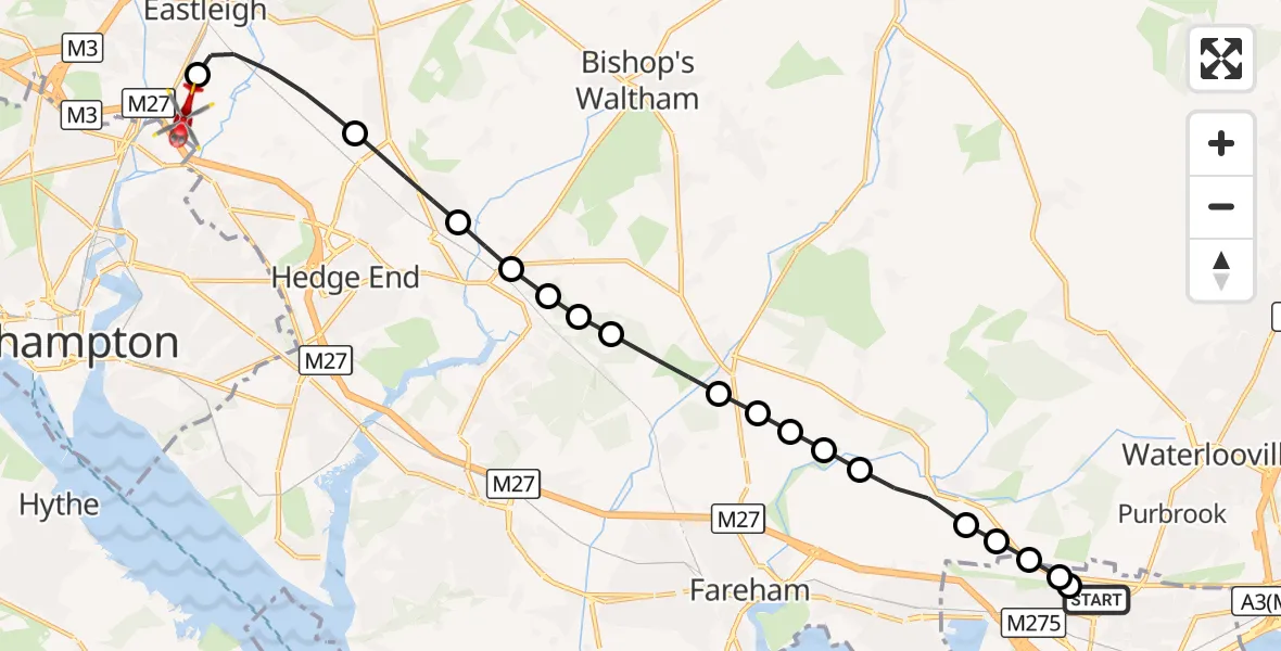 Flight route Air Ambulance Helicopter Queen Alexandra Hospital - Southampton Airport, 03 October 2026, 14:53