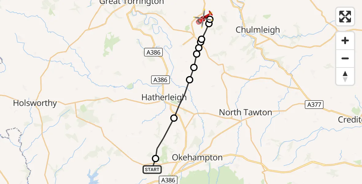 Flight route Air Ambulance Helicopter Sourton - Eaglescott Airfield, 03 October 2026, 14:53