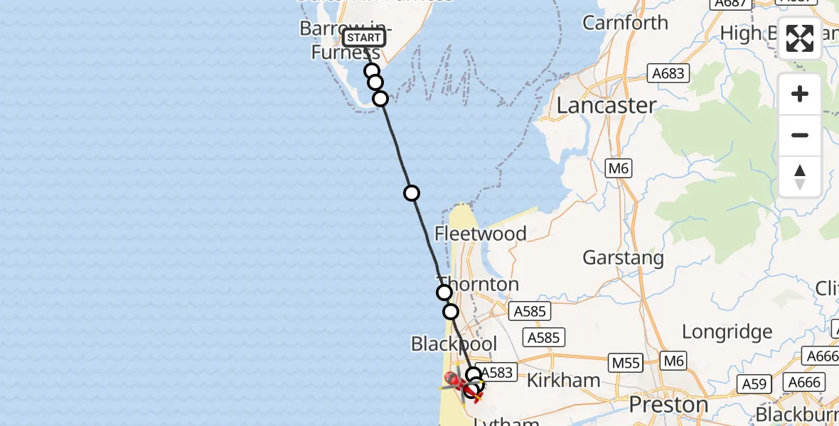 Flight route Air Ambulance Helicopter Barrow-in-Furness - Blackpool Airport, 03 October 2026, 14:59