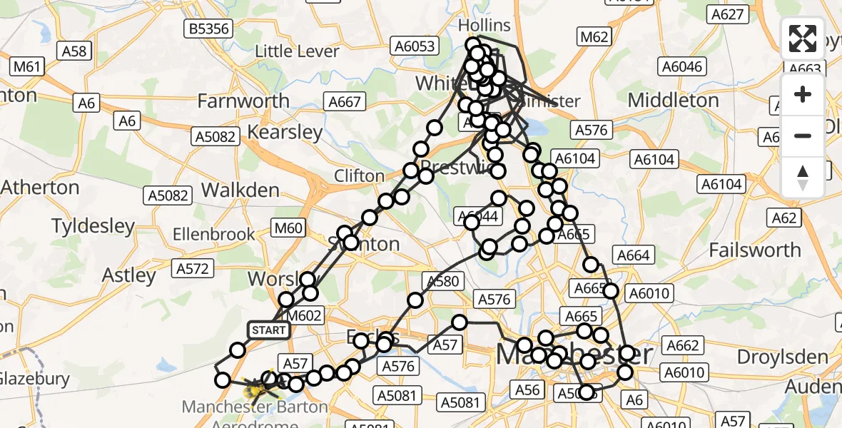 Flight route Police Helicopter Worsley - Manchester Barton Aerodrome, 03 October 2026, 15:05