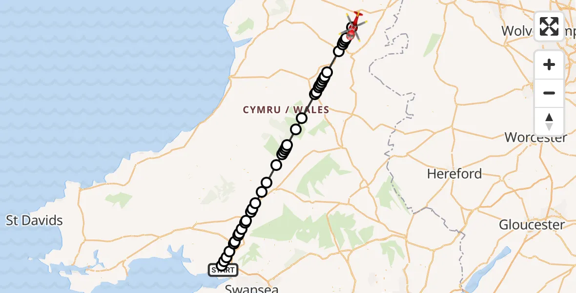 Flight route Air Ambulance Helicopter Dafen - Manafon, 03 October 2026, 15:20