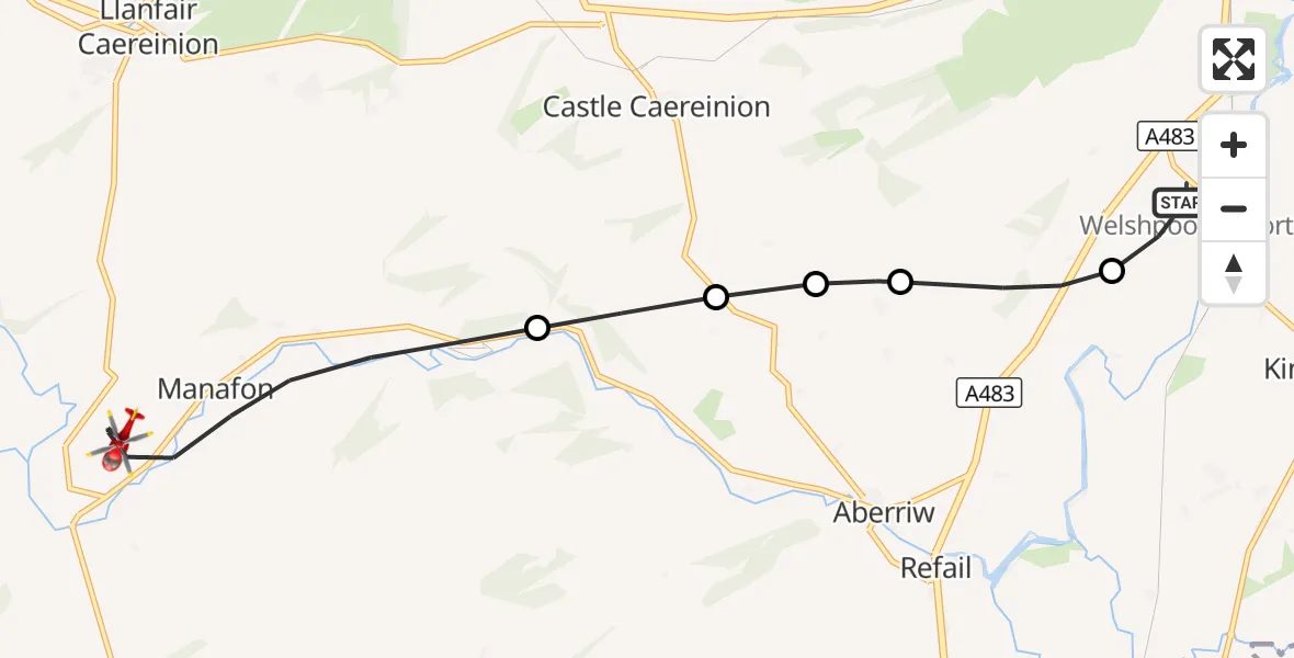 Flight route Air Ambulance Helicopter Welshpool Airport - Manafon, 03 October 2026, 15:20