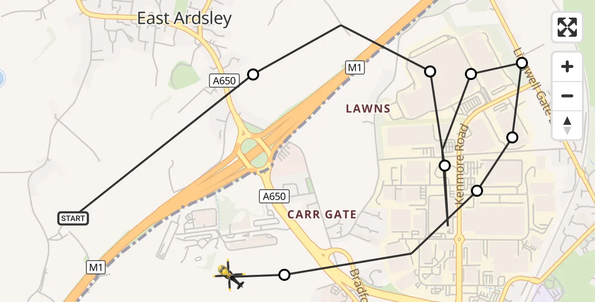 Flight route Police Helicopter East Ardsley - East Ardsley, 03 October 2026, 15:22