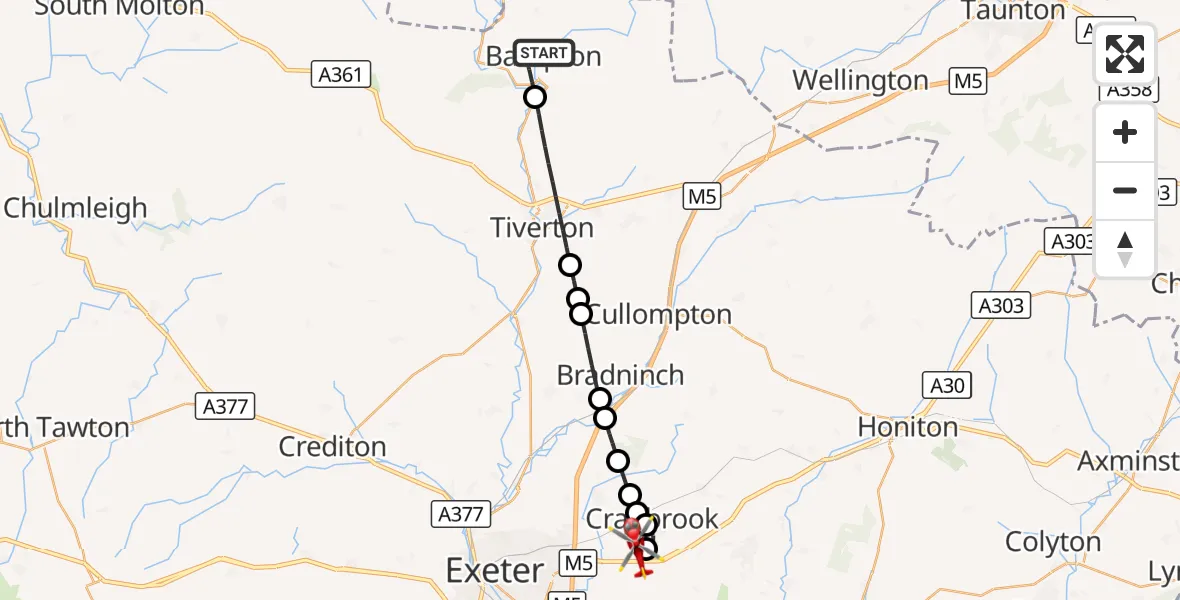 Flight route Air Ambulance Helicopter Bampton - Exeter International Airport, 03 October 2026, 15:30
