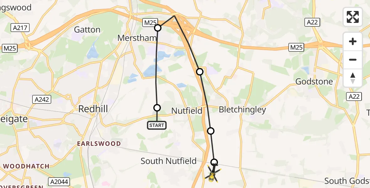 Flight route Police Helicopter South Nutfield - Tandridge, 03 October 2026, 15:35