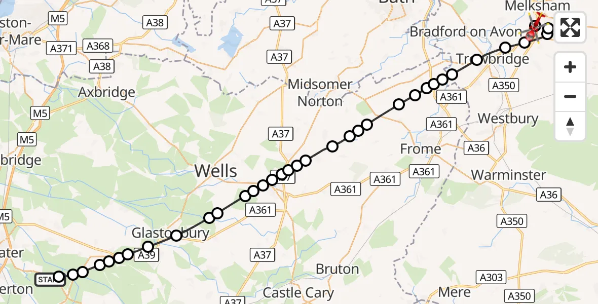 Flight route Air Ambulance Helicopter Middlezoy Aerodrome - Wiltshire Air Ambulance, 03 October 2026, 15:35